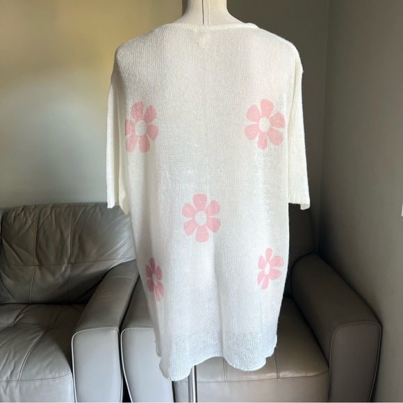 Cocolove Sz M L Mohair Blend Knit Floral Tunic Top Short Sleeve Sweater White - Picture 15 of 15